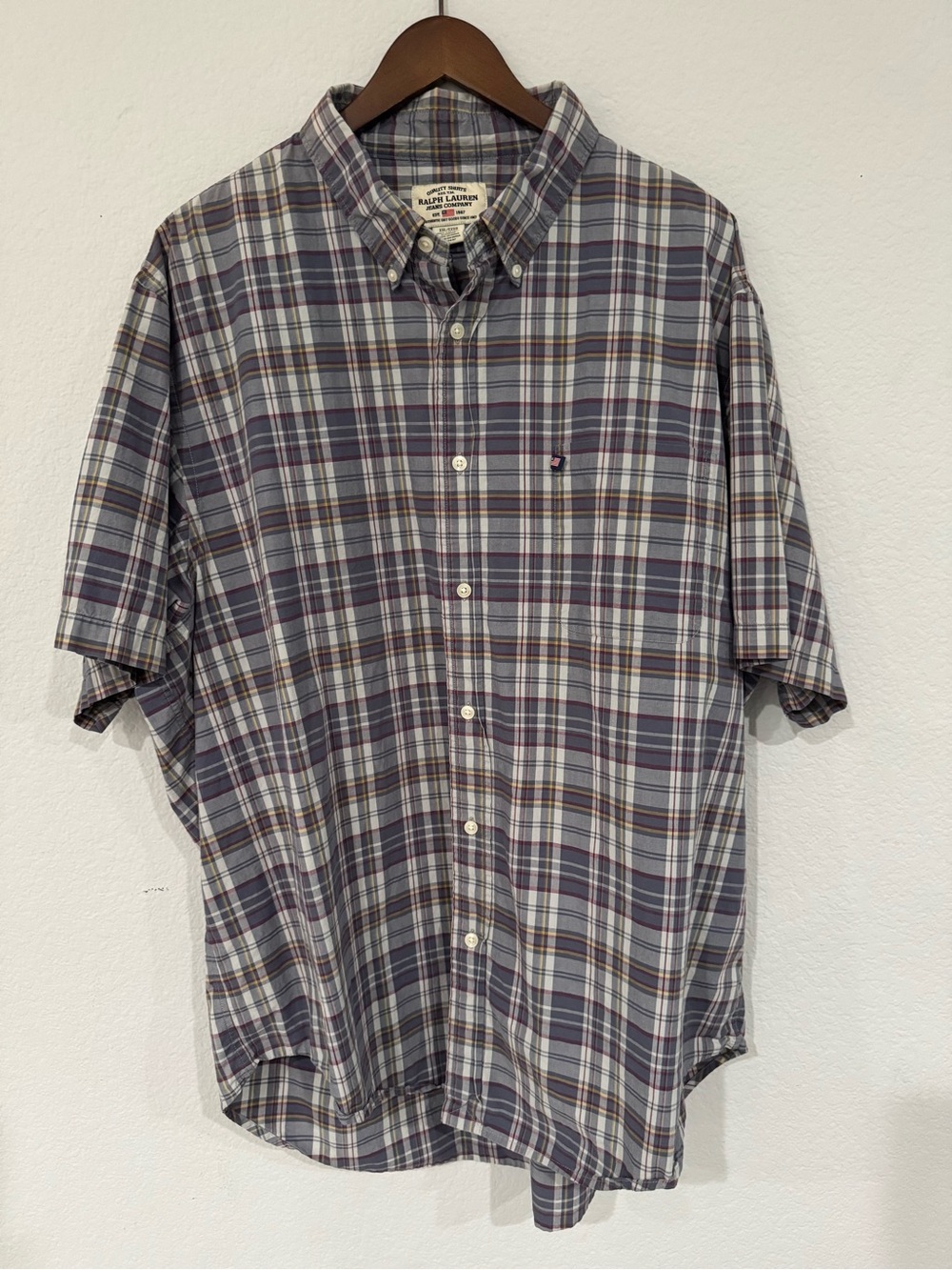 Ralph Lauren Jeans Co Gray Plaid Short Sleeve Button Down Shirt Mens Size XXL